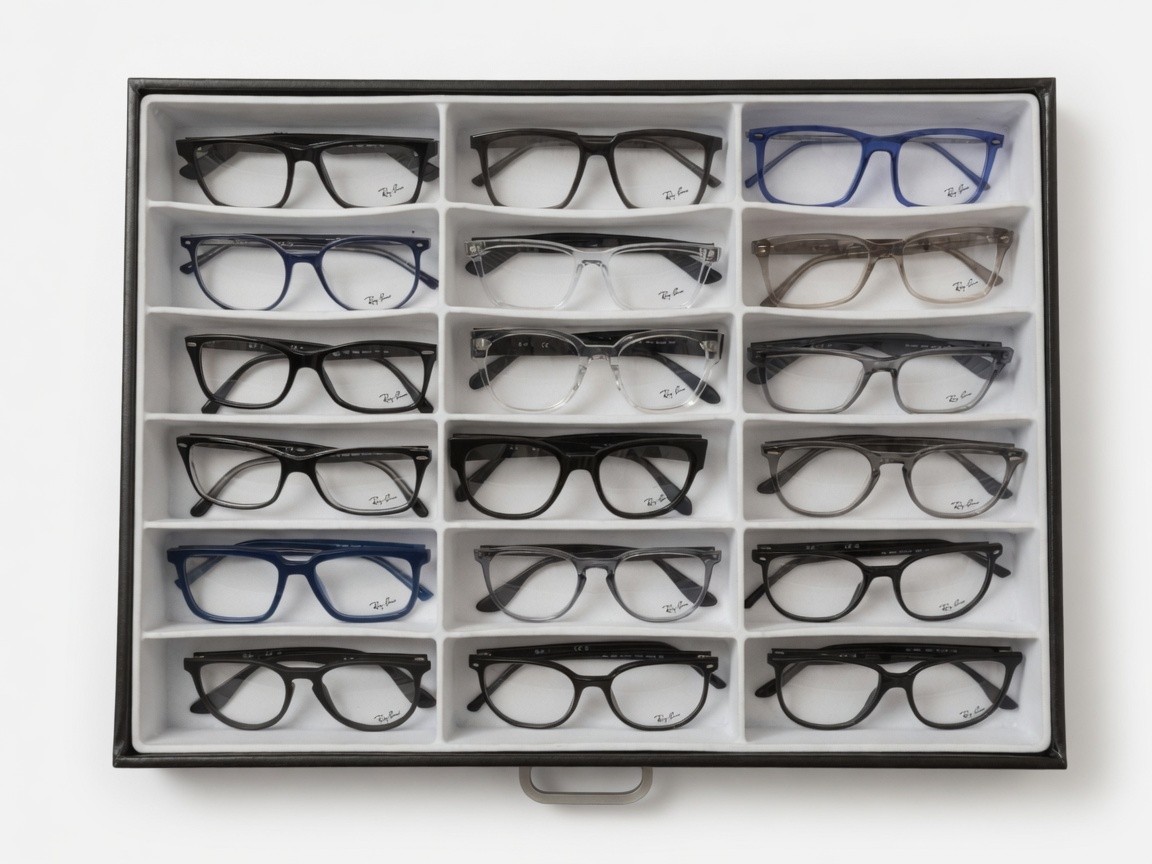 Caja de monturas de acetato en Ópticas Miryam